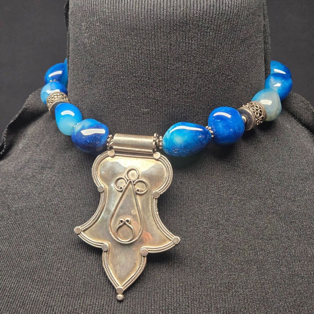 Vintage 925 Silver Chunky Blue Agate Bead Necklace Heavy 6oz Pendant